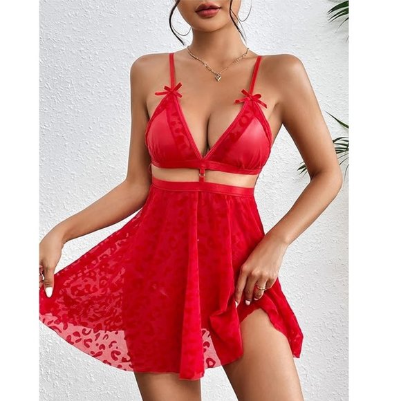 Red Leopard Print Sexy Nightdress for Women Lace Babydoll Mesh Nightgown V Neck - Picture 1 of 4